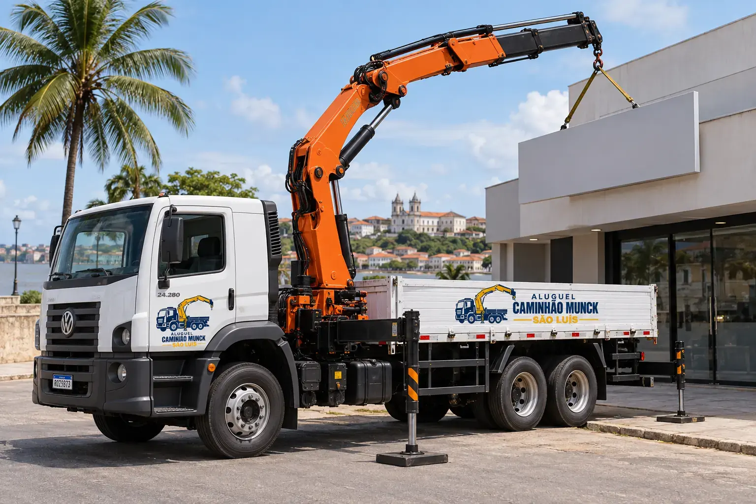Cena ilustrativa de instalação de placas, letreiros e outdoors — aluguel de caminhão munck em São Luís
